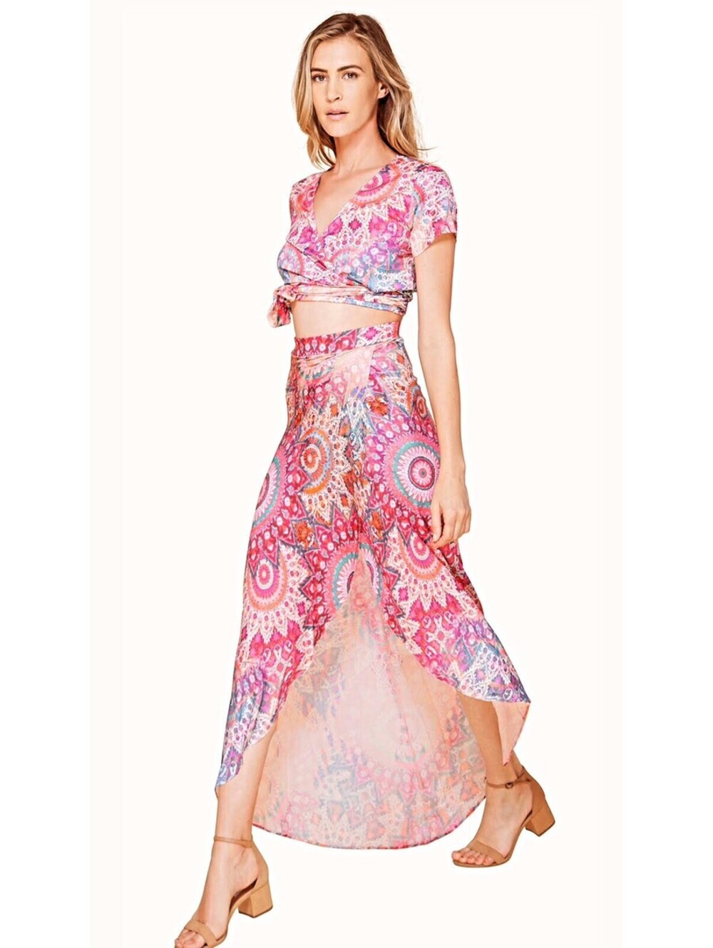 Hale Bob set of 2 coral pink, Multicolor printed wrap maxi skirt and wrap top XS